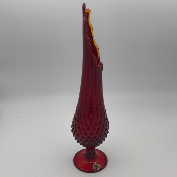 VTG MCM Fenton Ruby Red Amberina Hobnail 15" Swung Vase w/ Original Sticker - Picture 9 of 14